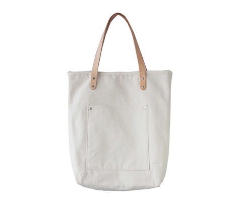 Zippered Cotton Canvas Shopping Bag with Leather Straps