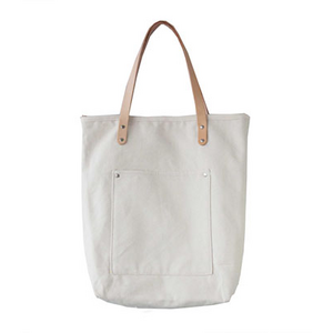 Zippered Cotton Canvas Shopping Bag with Leather Straps