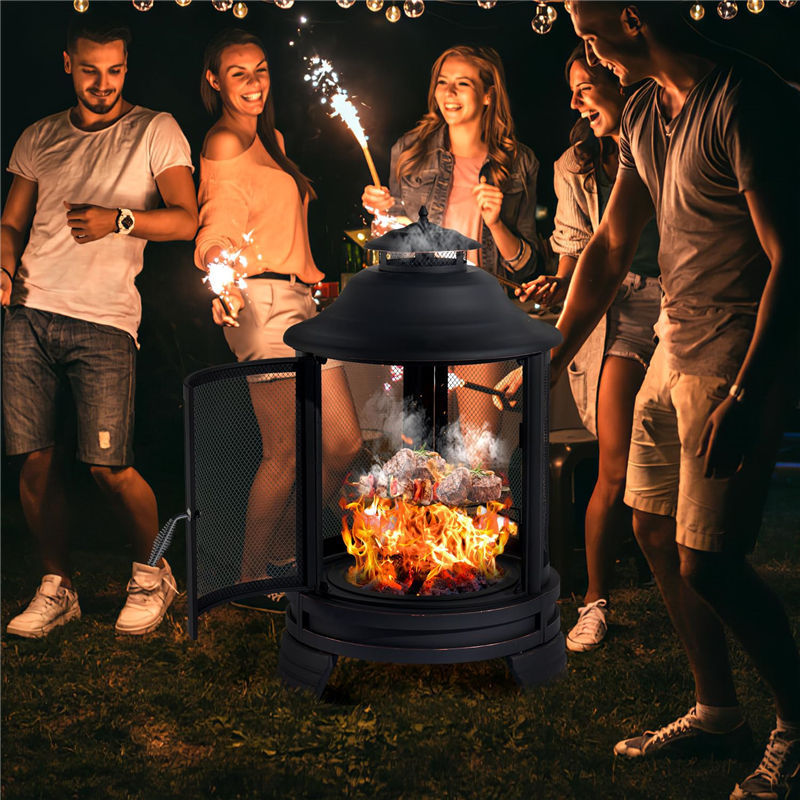 Large Steel Wood Burning Fire Pit with Barbecue Roasting Grill Outdoor Backyard