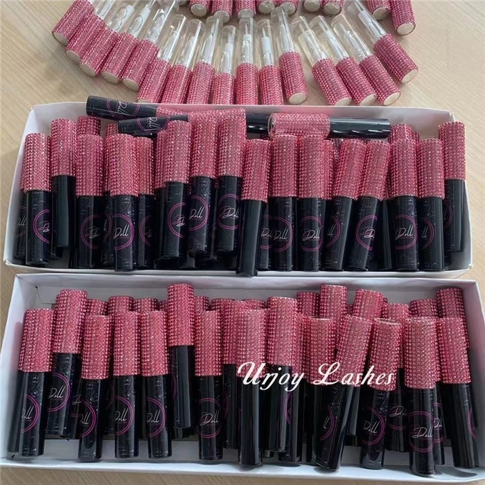 Private label eyelash glue for false eyelashes wholesale vegan lash adhesive glue with pink rhinestone lid strong stick