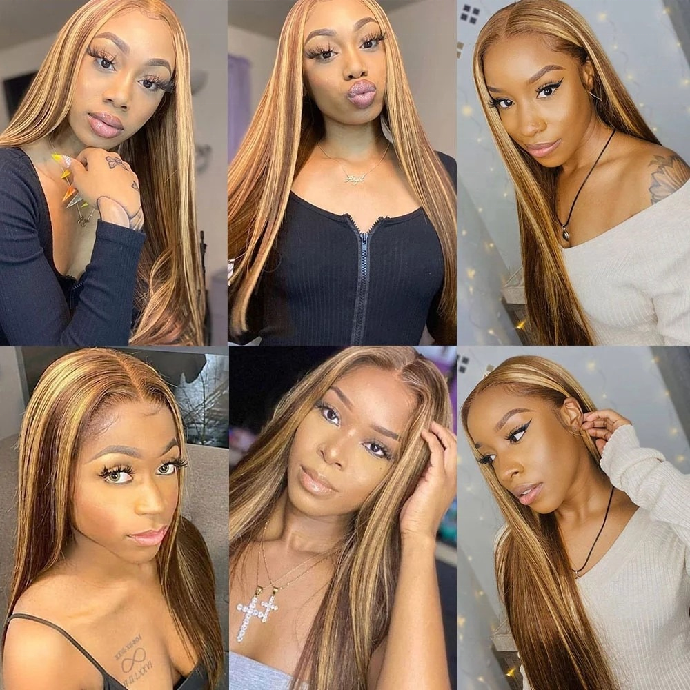 Hot selling Virgin malaysian 100% human hair piano color wigs Body Wave natural straight style highlight color lace front wigs