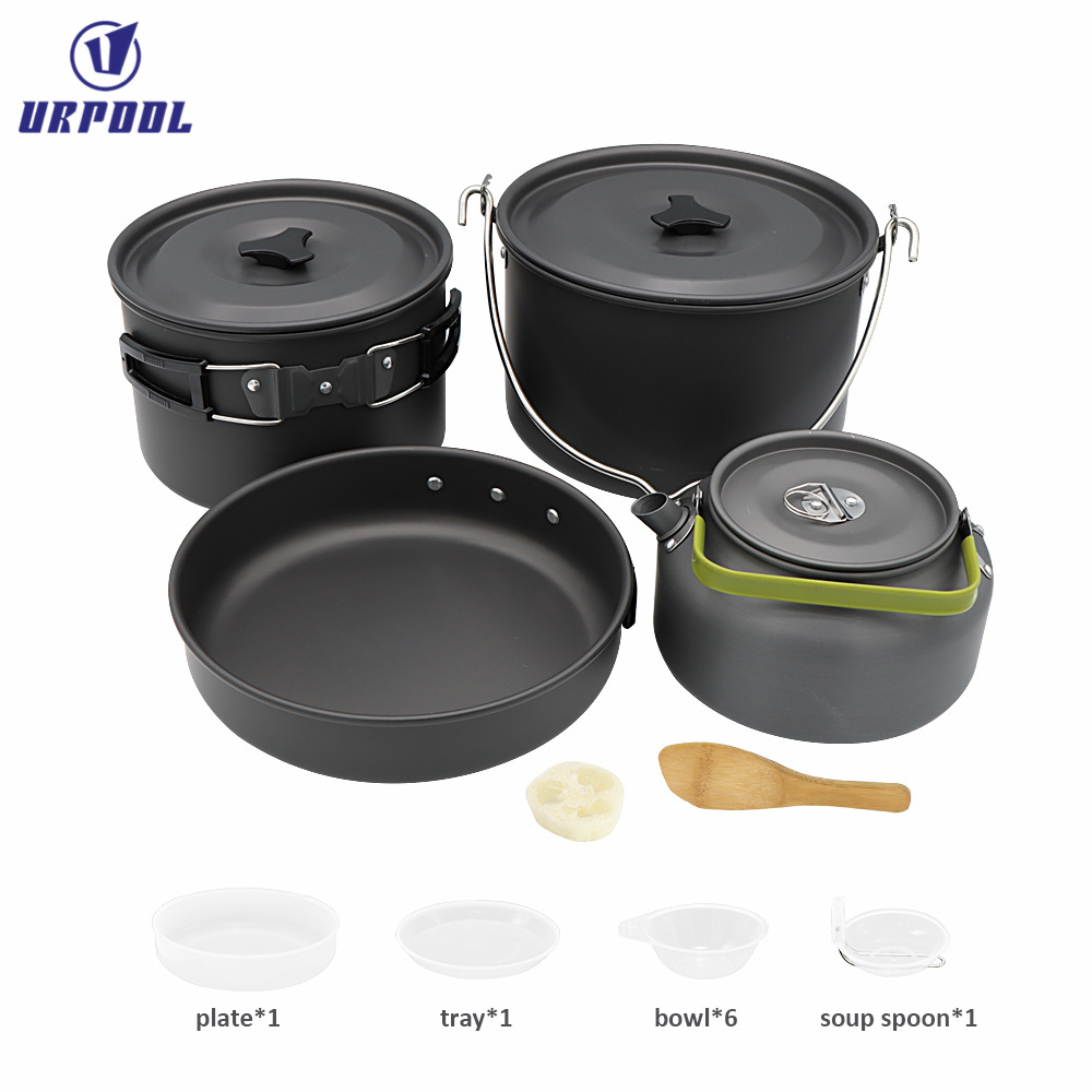 Outdoor Camping Cookware Kit Aluminum cooking pot set for camps Big Picnic Pot Fry Pan Water kettle Set camping cutlery set