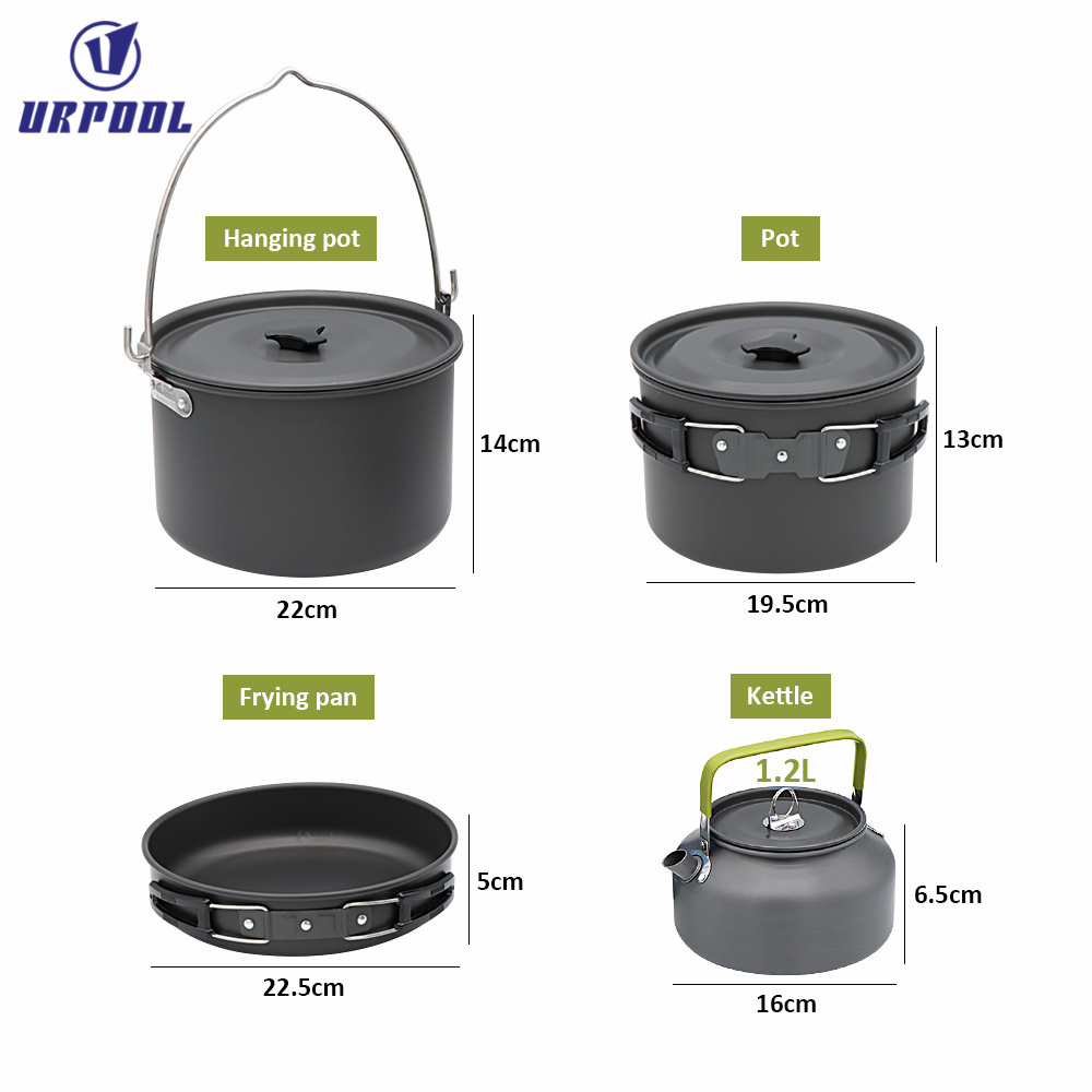 Outdoor Camping Cookware Kit Aluminum cooking pot set for camps Big Picnic Pot Fry Pan Water kettle Set camping cutlery set