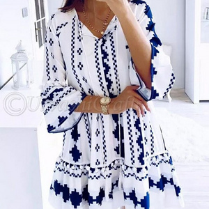 Hot Vintage Graphic Print Dress Summer Women Long Sleeves Turn Down Collar With Tassel Pom Pom Decor Dresses For Casual Women