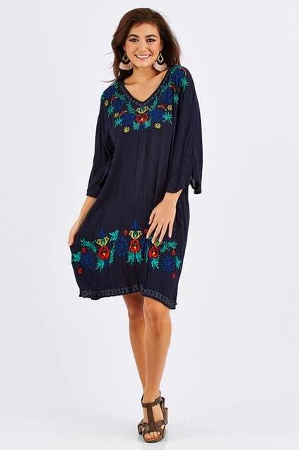 Women Fashion Design Wholesale Clothing 3/4 Wide Bell Sleeves Embroidery Mexican Tunic/Dress