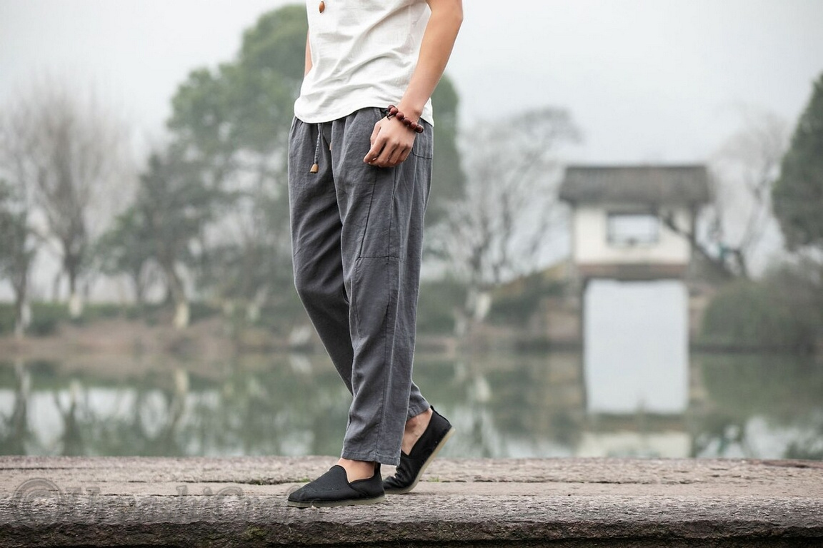 Linen Clothing Custom Lightweight Drawstring Elastic Waist Casual Pant 100% Linen Cotton Fabric Casual Wear Men's Trousers OEM