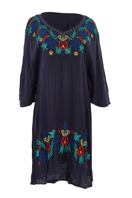 Women Fashion Design Wholesale Clothing 3/4 Wide Bell Sleeves Embroidery Mexican Tunic/Dress