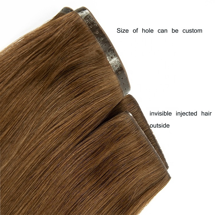 Invisible beaded and looped wefts #4 brown PU skin tape micro link beaded weft hair extensions