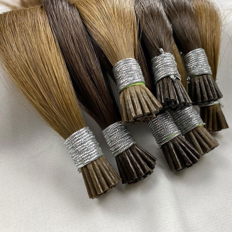 Wholesale straight super double drawn  tangle free silver gray raw virgin russian i tip human hair extensions