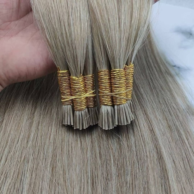 Wholesale straight super double drawn  tangle free silver gray raw virgin russian i tip human hair extensions