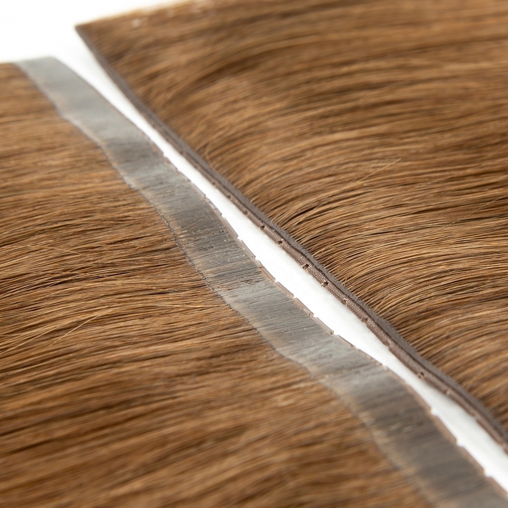 Invisible beaded and looped wefts #4 brown PU skin tape micro link beaded weft hair extensions