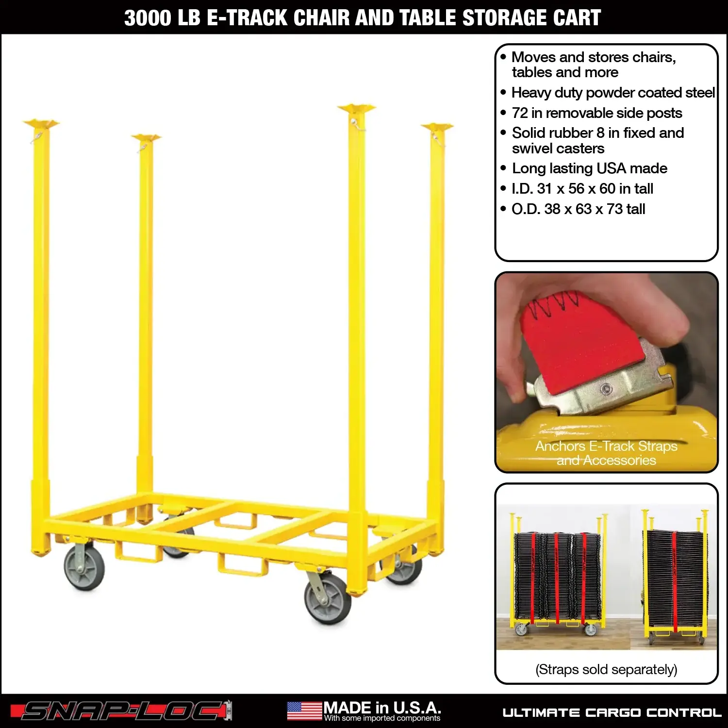 Premium Quality SNAP-LOC 3000 lb Capacity 4 Wheel Chair Table Storage Cart, Oversized Solid Rubber Caster Wheels for All-terrain