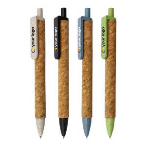 Hot Selling Cheap Push-button Ballpoint Pen With Cork Material Barrel And Color Wheat Straw Material Clip & Tip