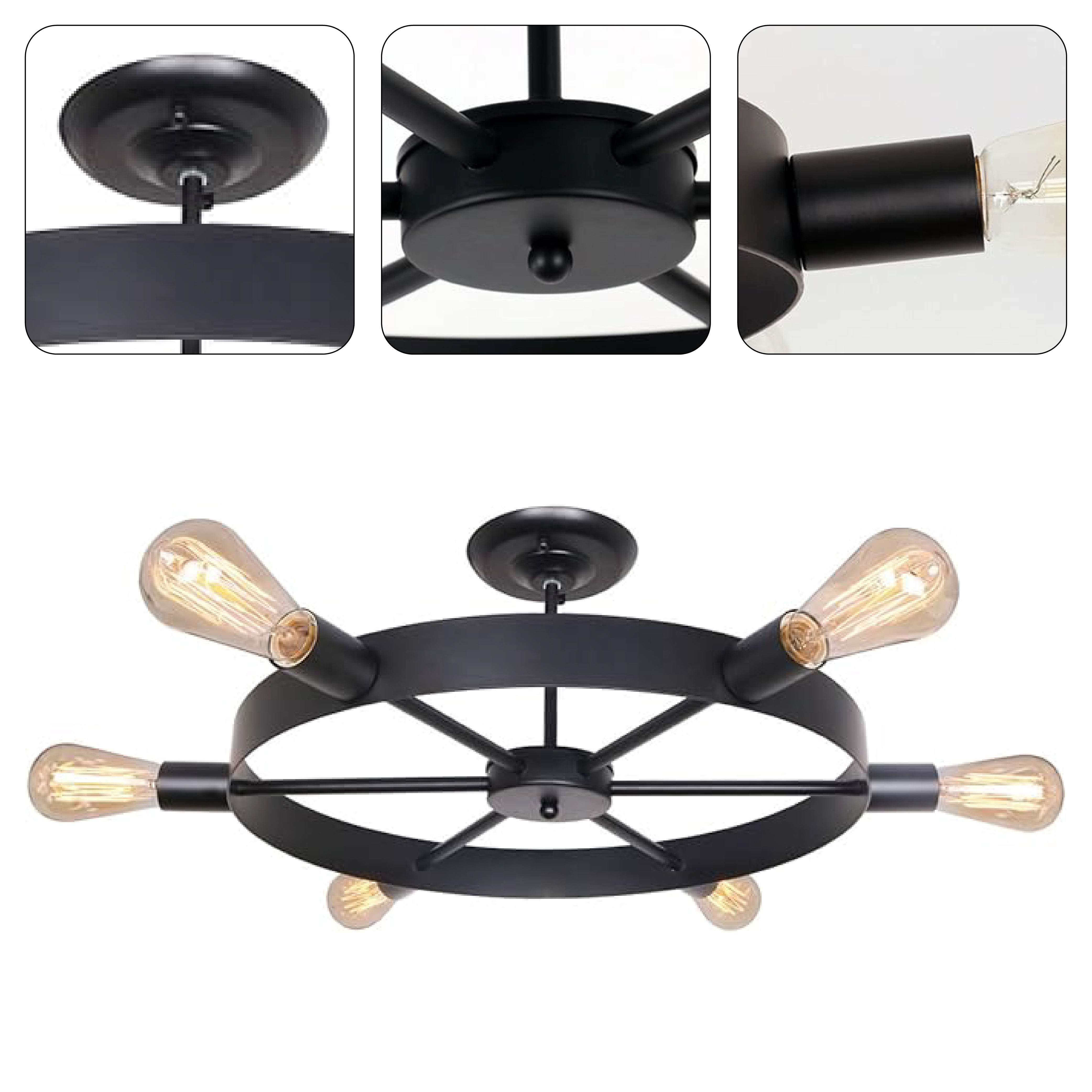 Vintage industrial circle black semi flush mount ceiling light