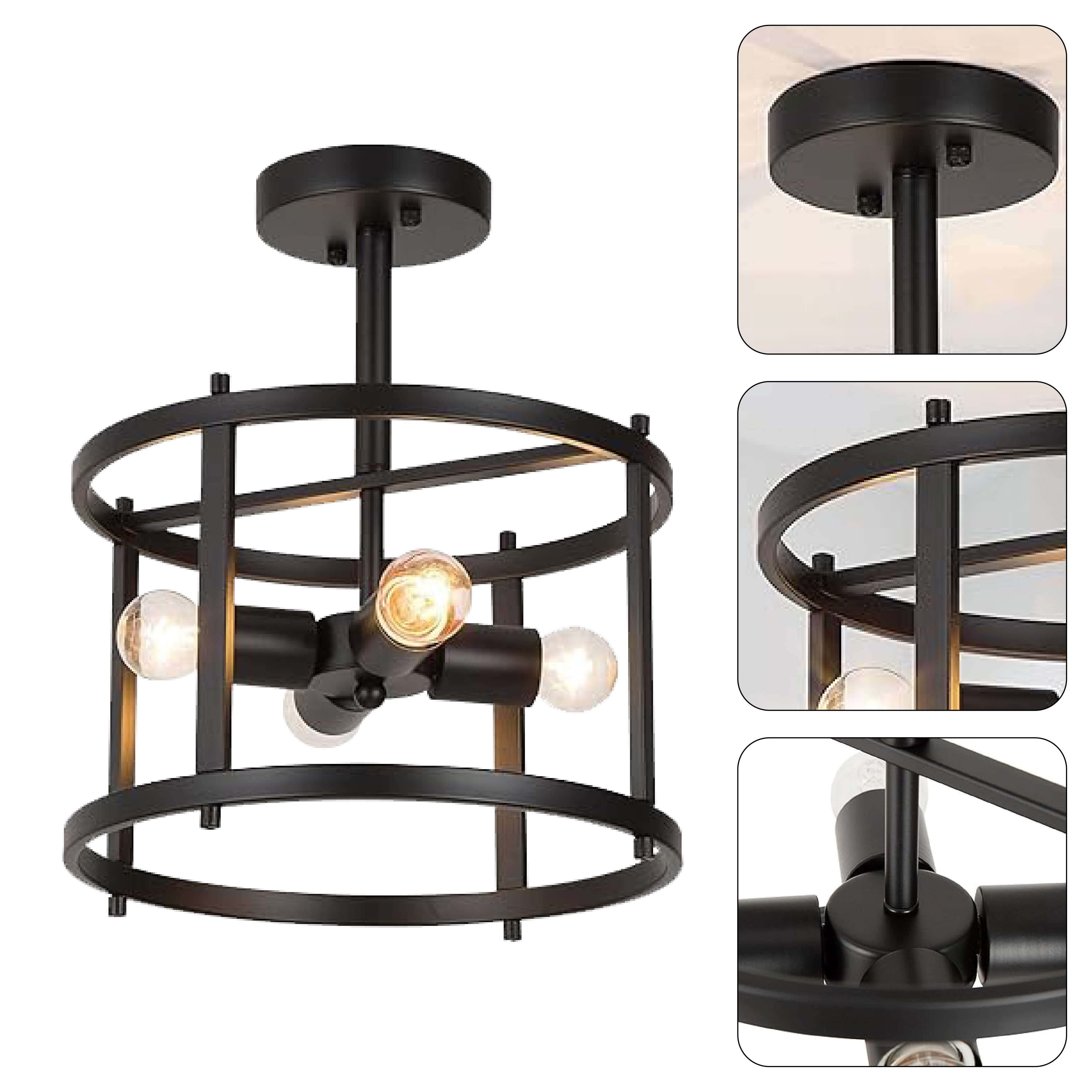 4 light vintage industrial black semi flush mount ceiling light