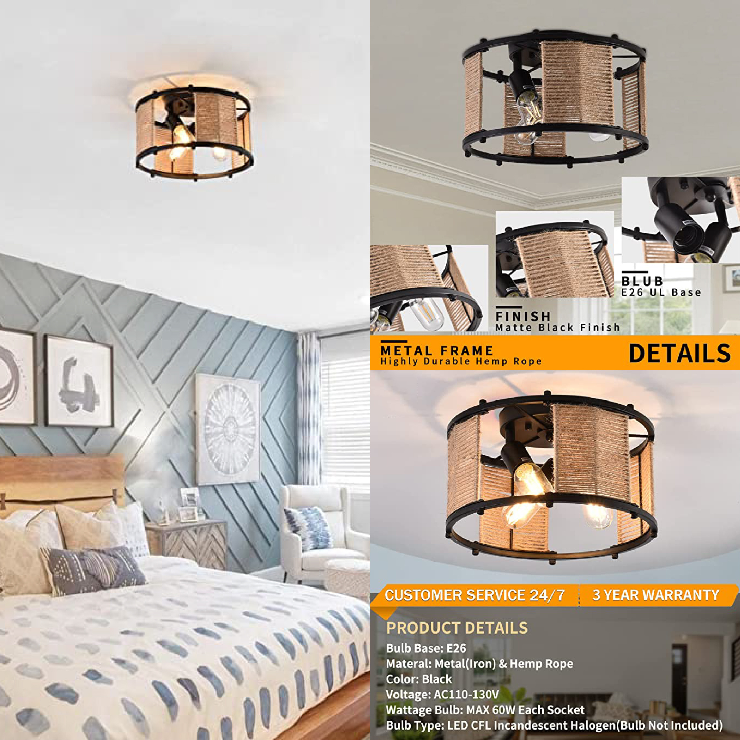 3 rattan flush mount ceiling light Black industrial farmhouse decor Metal & Hemp Rope coastal lighting fixtures