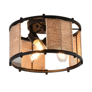 3 rattan flush mount ceiling light Black industrial farmhouse decor Metal & Hemp Rope coastal lighting fixtures