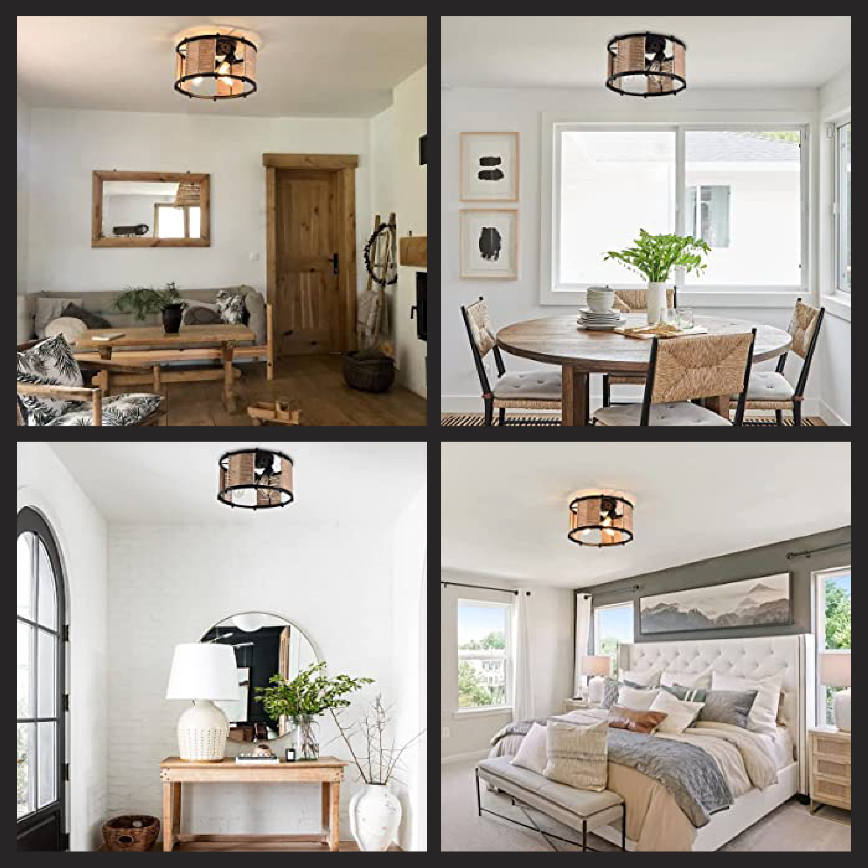 3 rattan flush mount ceiling light Black industrial farmhouse decor Metal & Hemp Rope coastal lighting fixtures