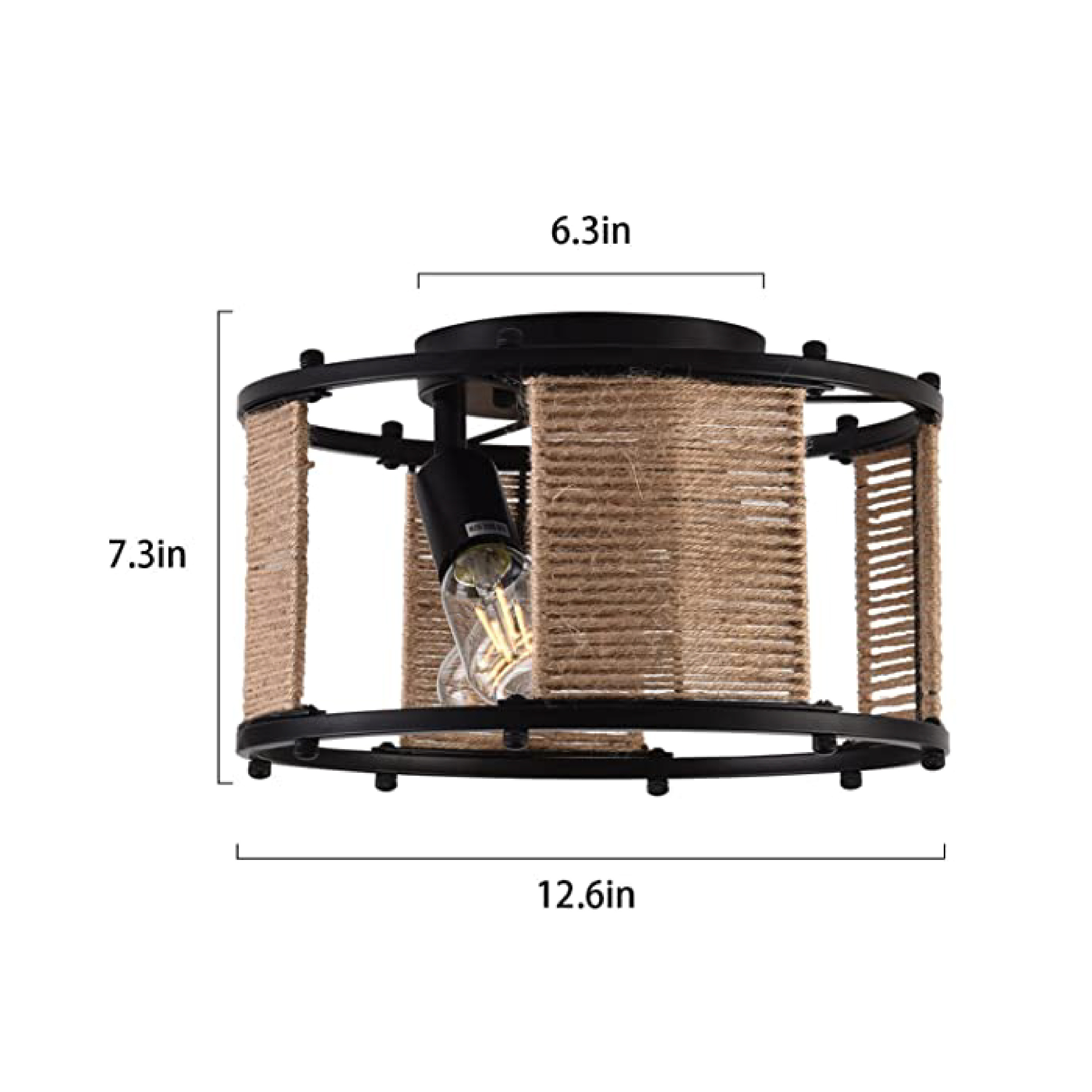 3 rattan flush mount ceiling light Black industrial farmhouse decor Metal & Hemp Rope coastal lighting fixtures