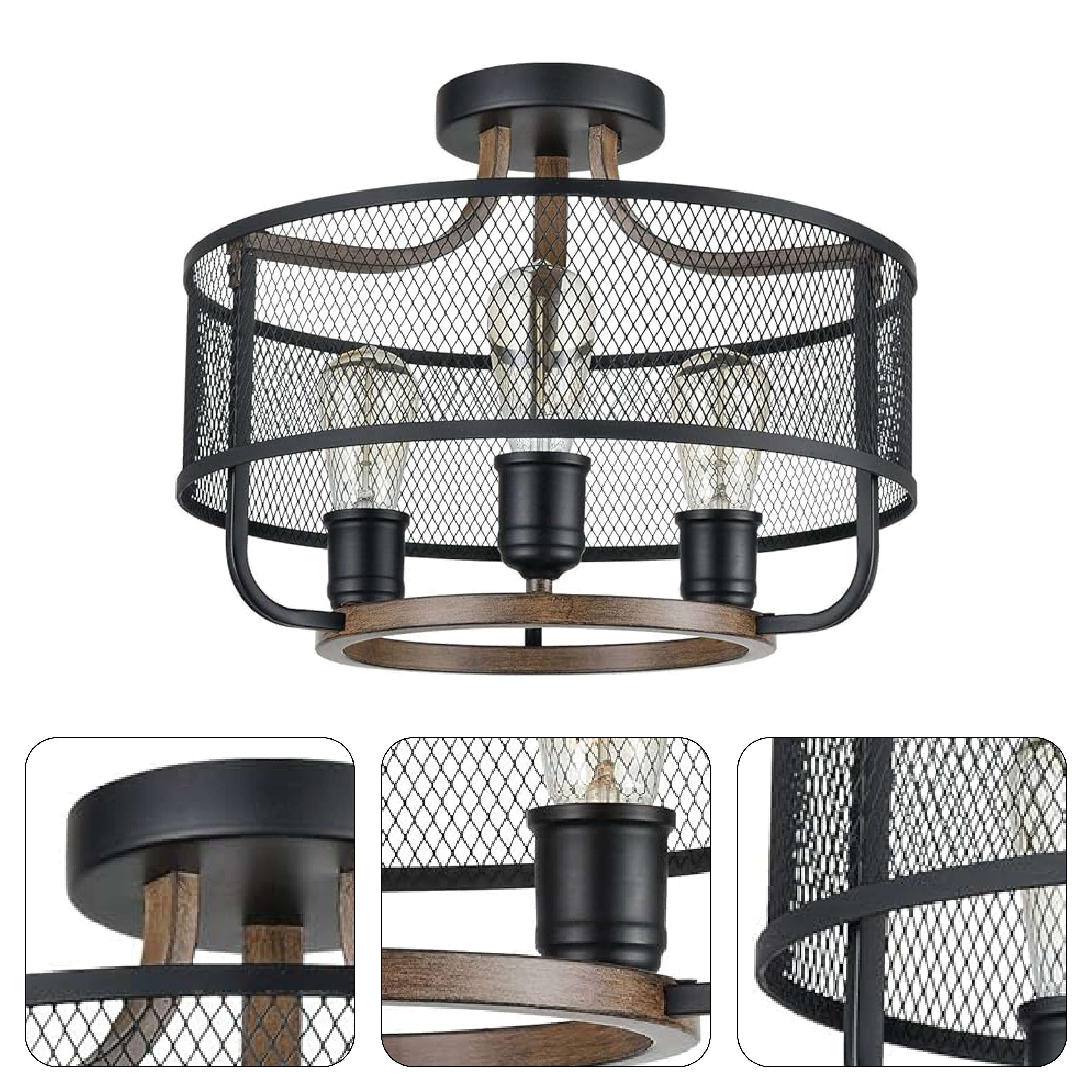 3 light black ceiling lamp wire mesh flush mount light fixture wood light