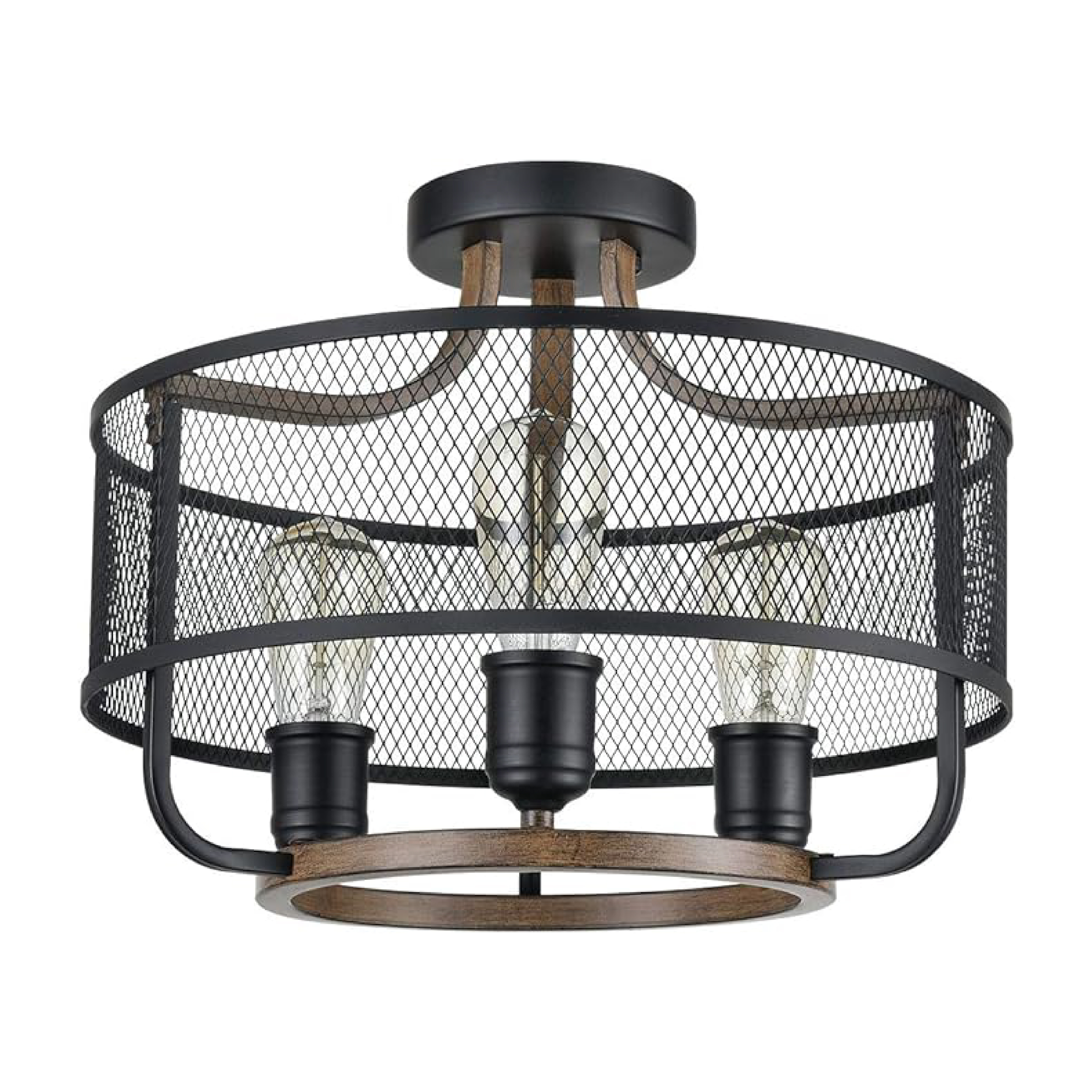 3 light black ceiling lamp wire mesh flush mount light fixture wood light