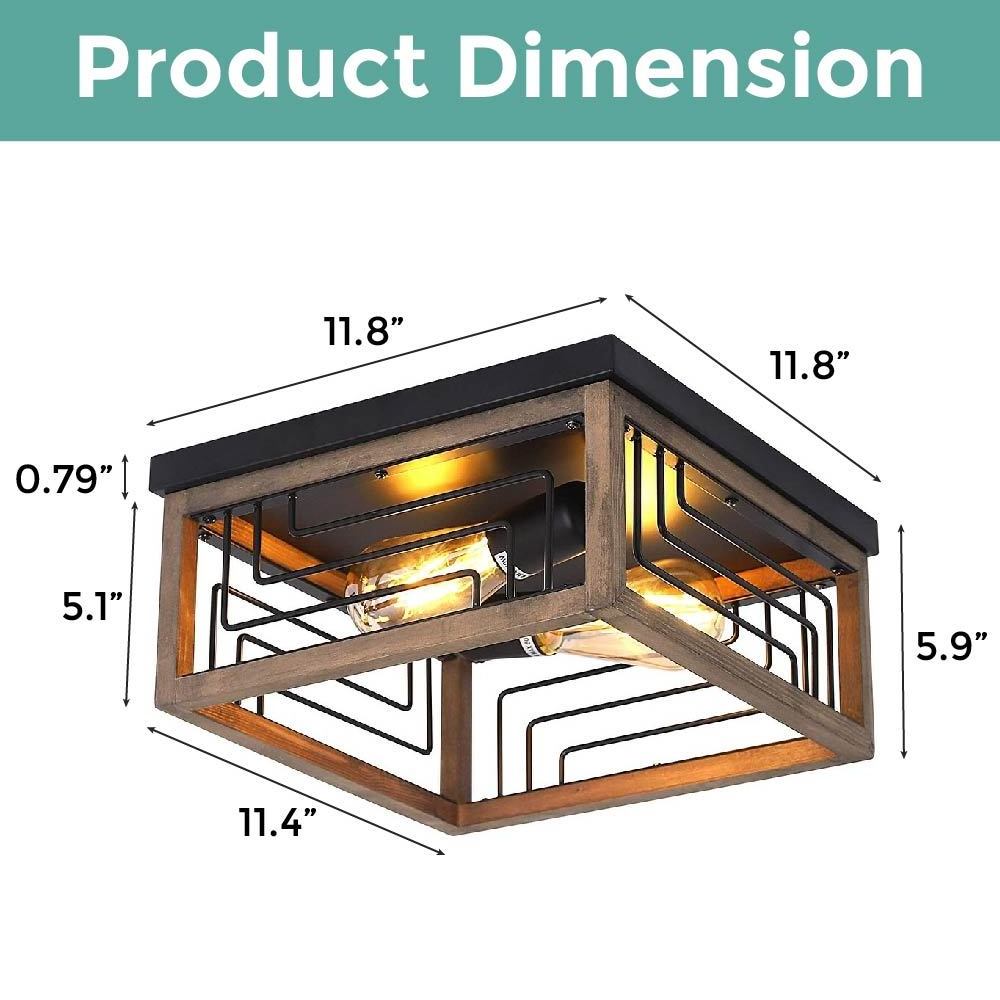 2 light wire cage ceiling light fixture wood square semi flush mount lighting