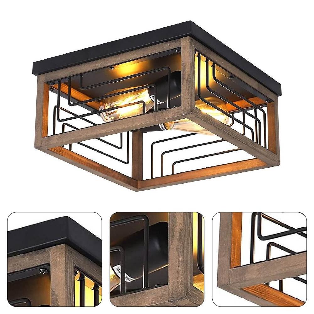 2 light wire cage ceiling light fixture wood square semi flush mount lighting