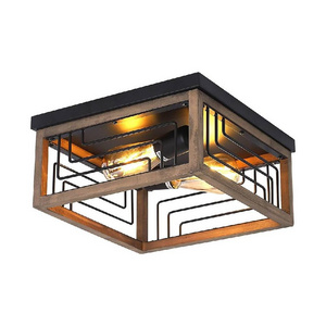 2 light wire cage ceiling light fixture wood square semi flush mount lighting