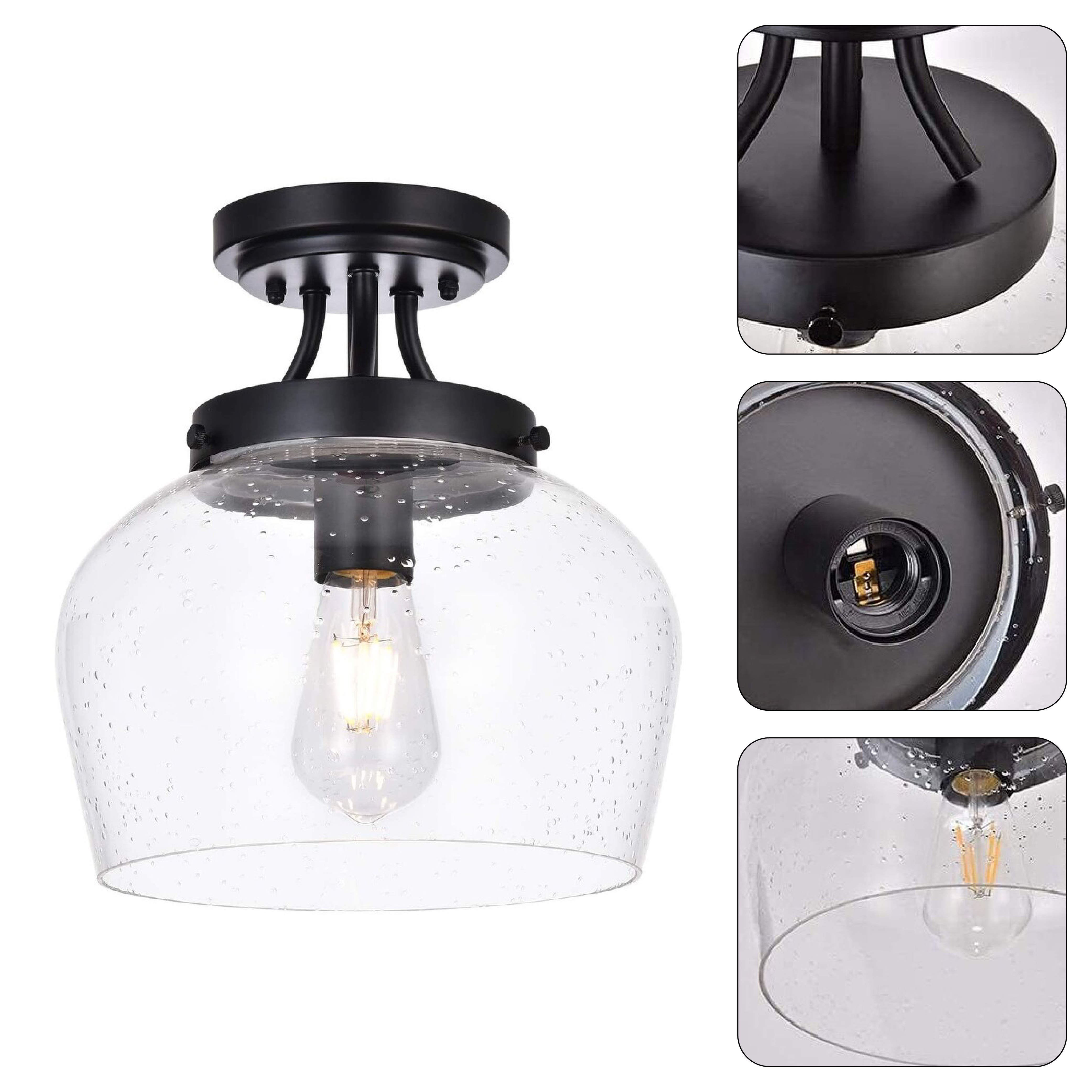 Modern semi flush mount ceiling light black ceiling lighting with seeded glass shade