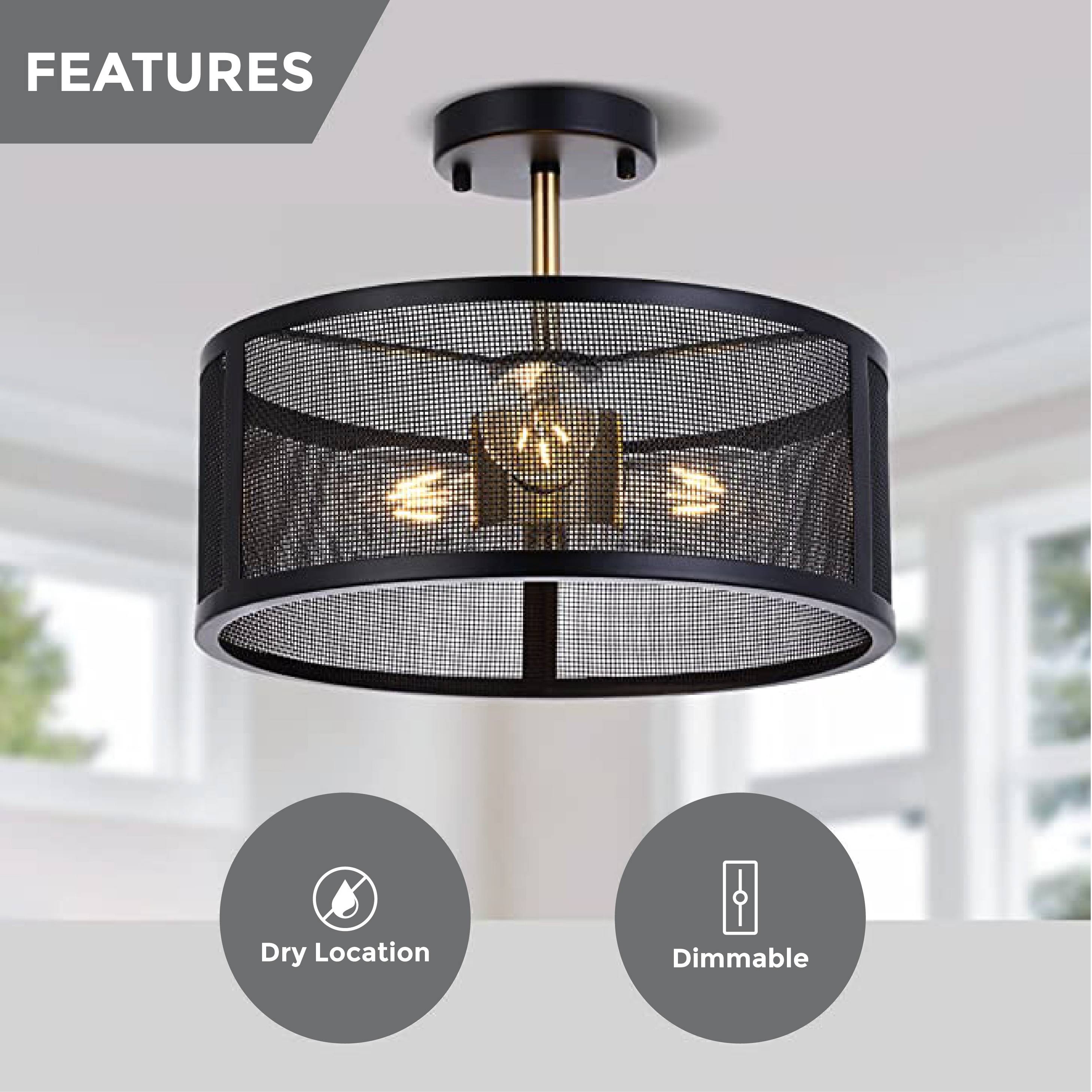 3 bedroom light fixture Black semi flush mount ceiling light Classic Metal flush mount lighting