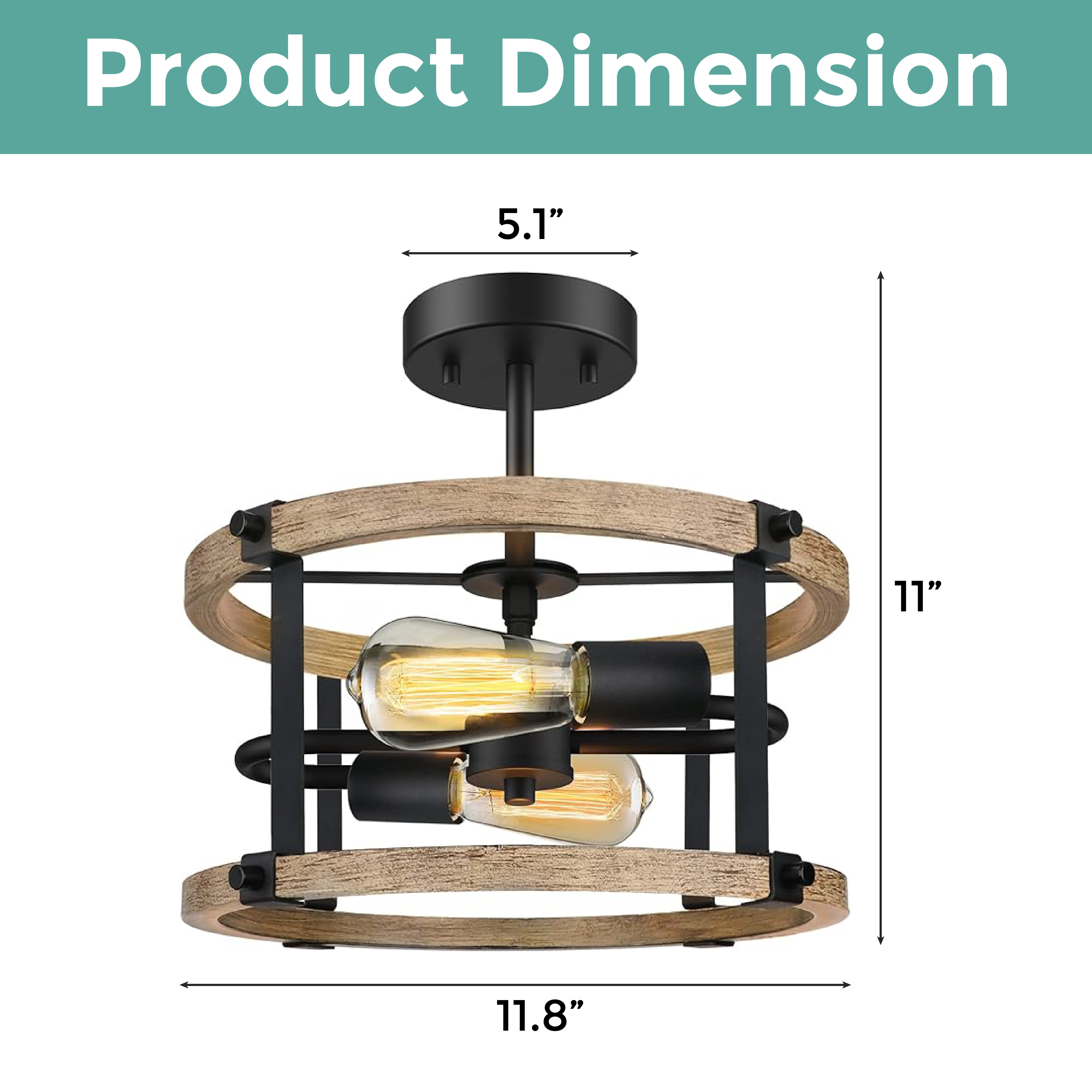 2 light farmhouse light fixture wood grain industrial semi flush mount ceiling light