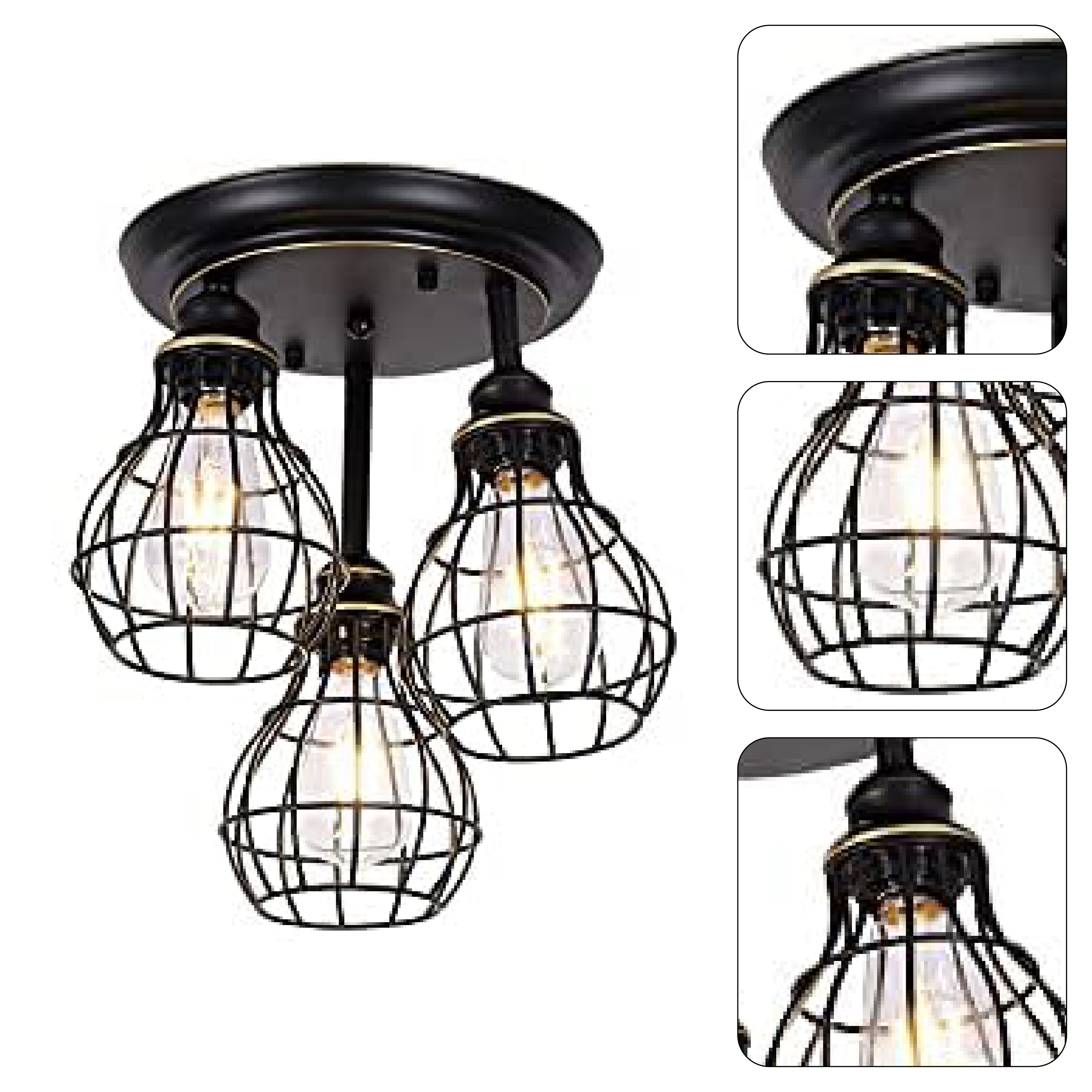 3 light rustic semi flush mount ceiling light industrial black wire cage ceiling lamp