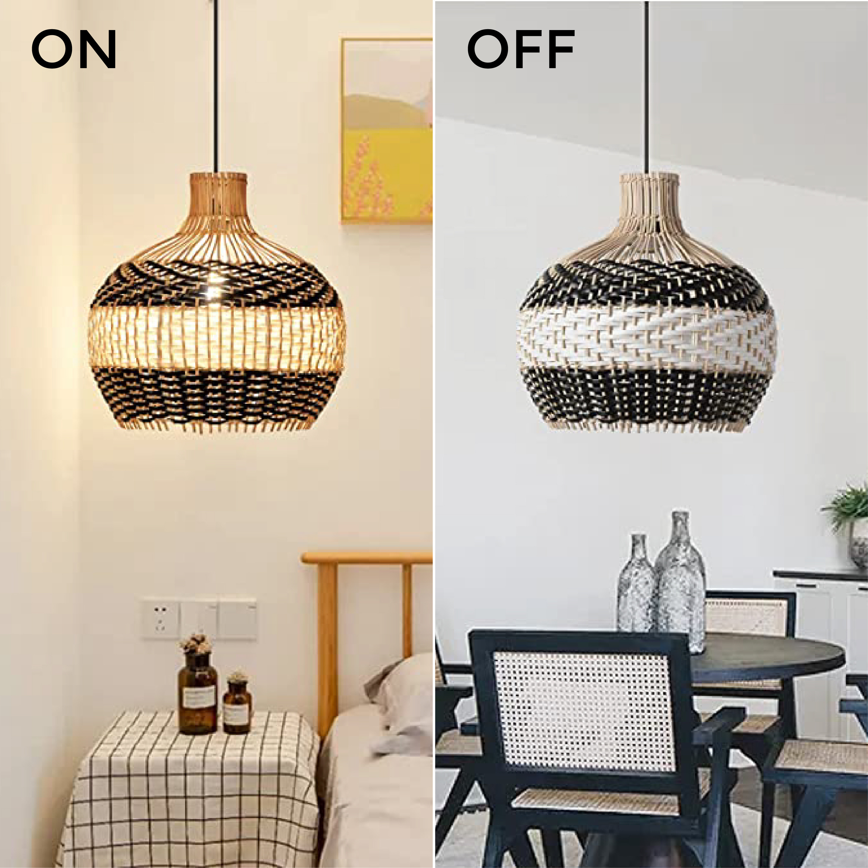 Farmhouse bamboo pendant light 1Light woven light fixture Black White rattan hanging light