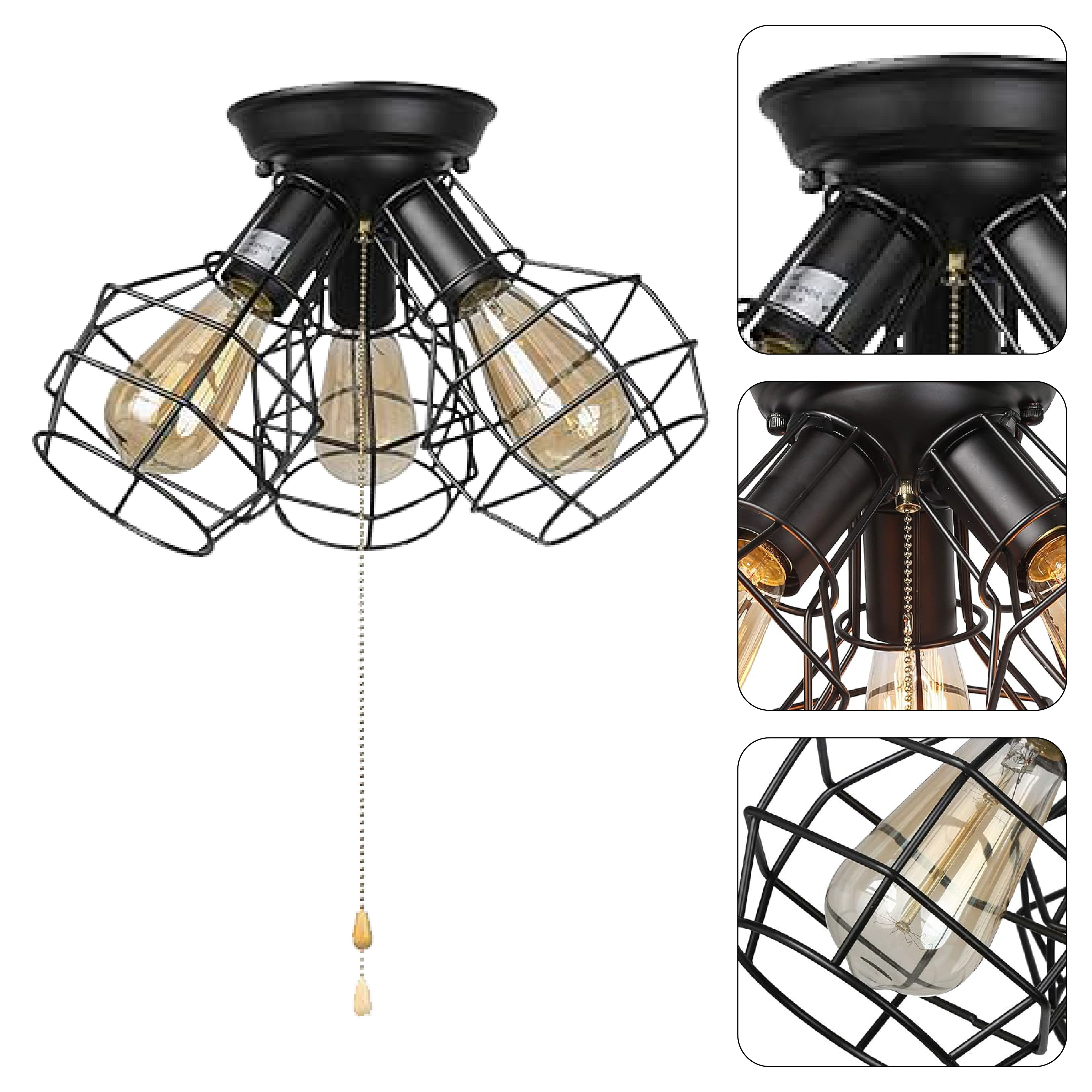 3 light vintage industrial wire cage pull string ceiling light fixture