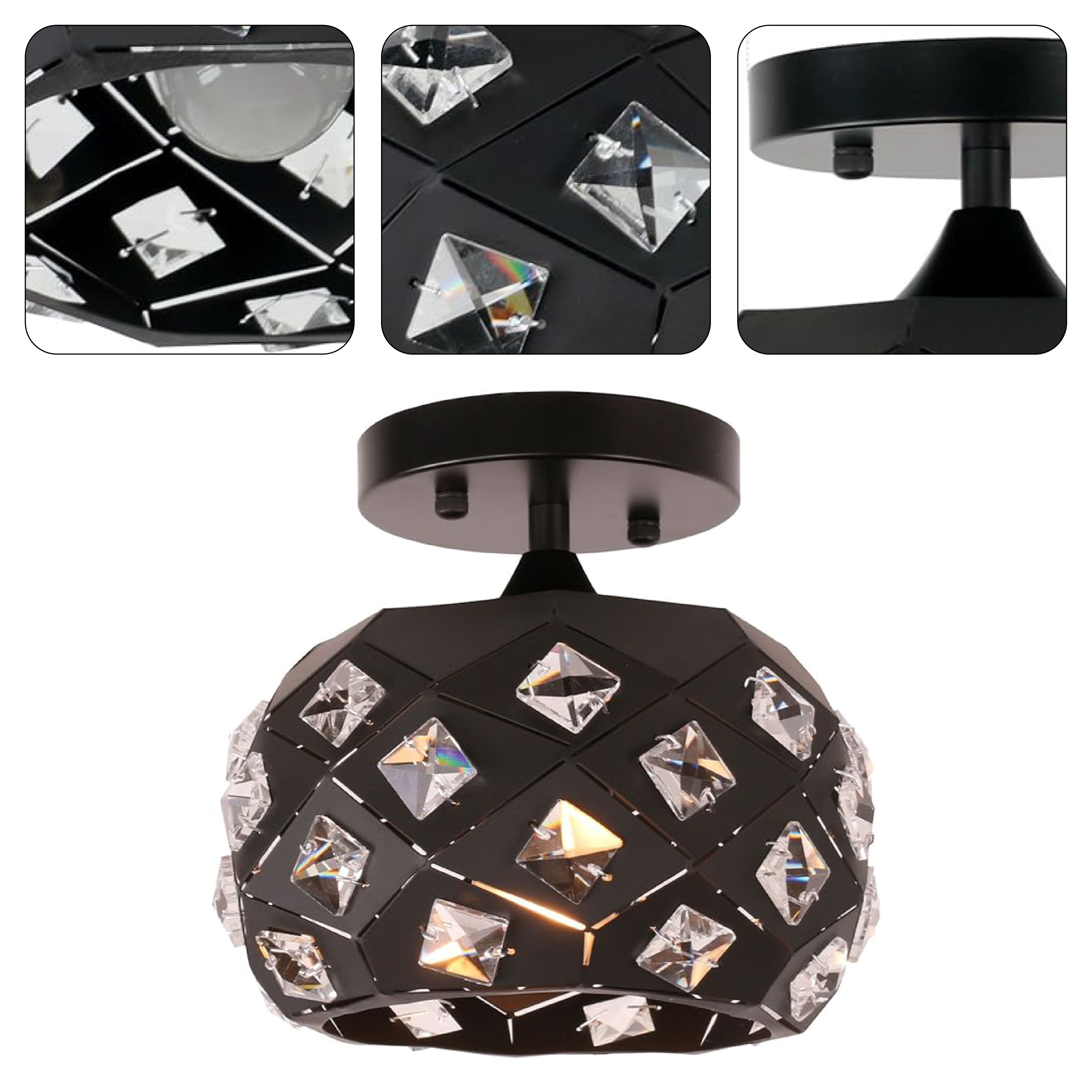 Vintage industrial black crystal globe semi flush mount ceiling light fixture