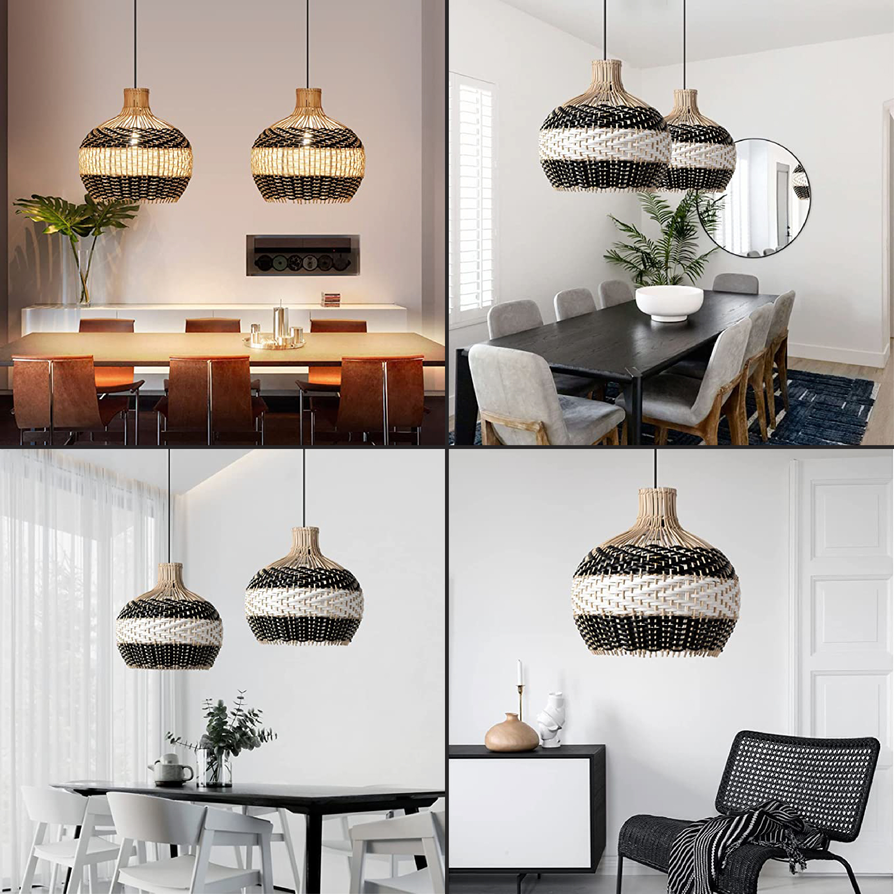 Farmhouse bamboo pendant light 1Light woven light fixture Black White rattan hanging light