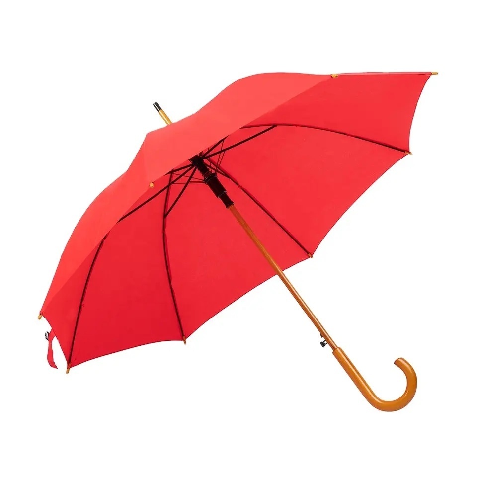 Best selling RPET Eco-Friendly Windproof UV Proof Customized  Rain Umbrella Wooden Shaft Handle Manual Automatic