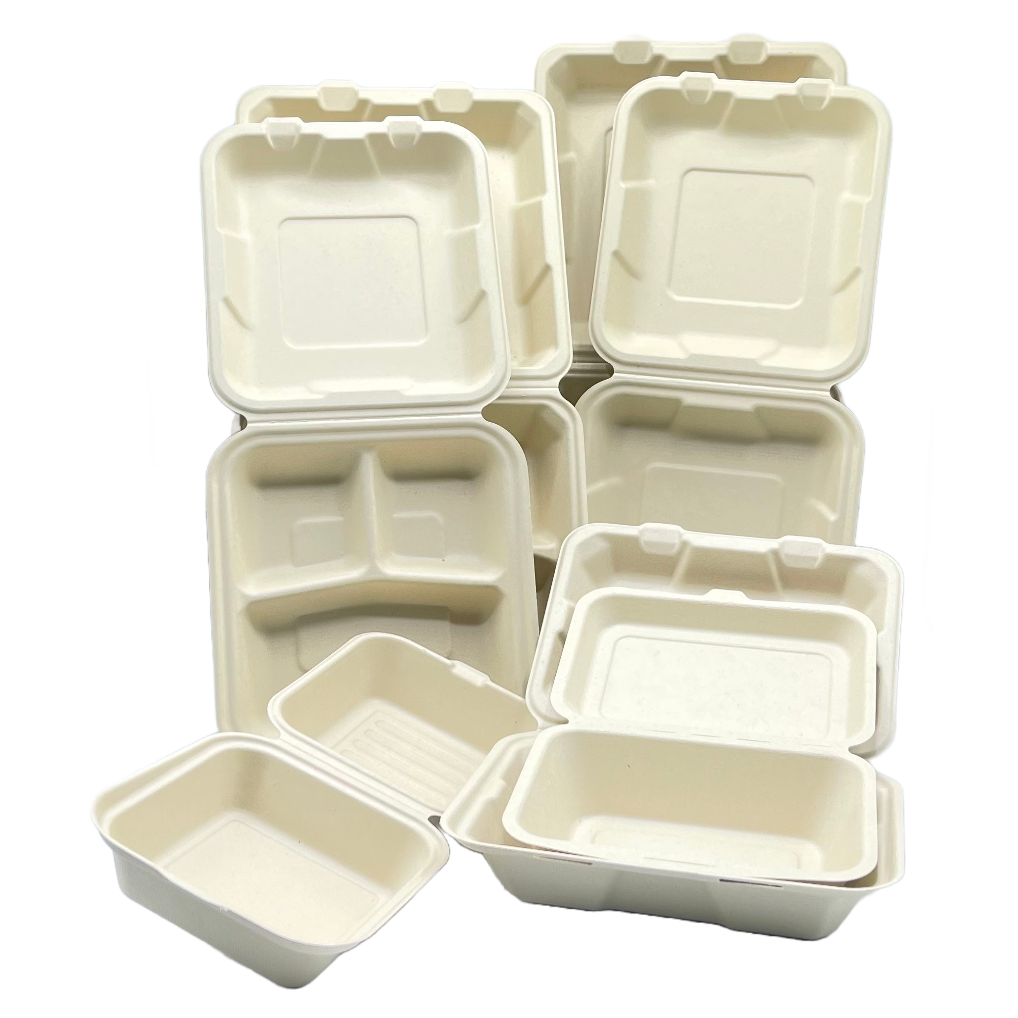 Clamshell Container Samples, 20 Unit per Model Pack (7 Size Total) Microwave safe Compostable Biodegradable Bagasse, Lunch Box