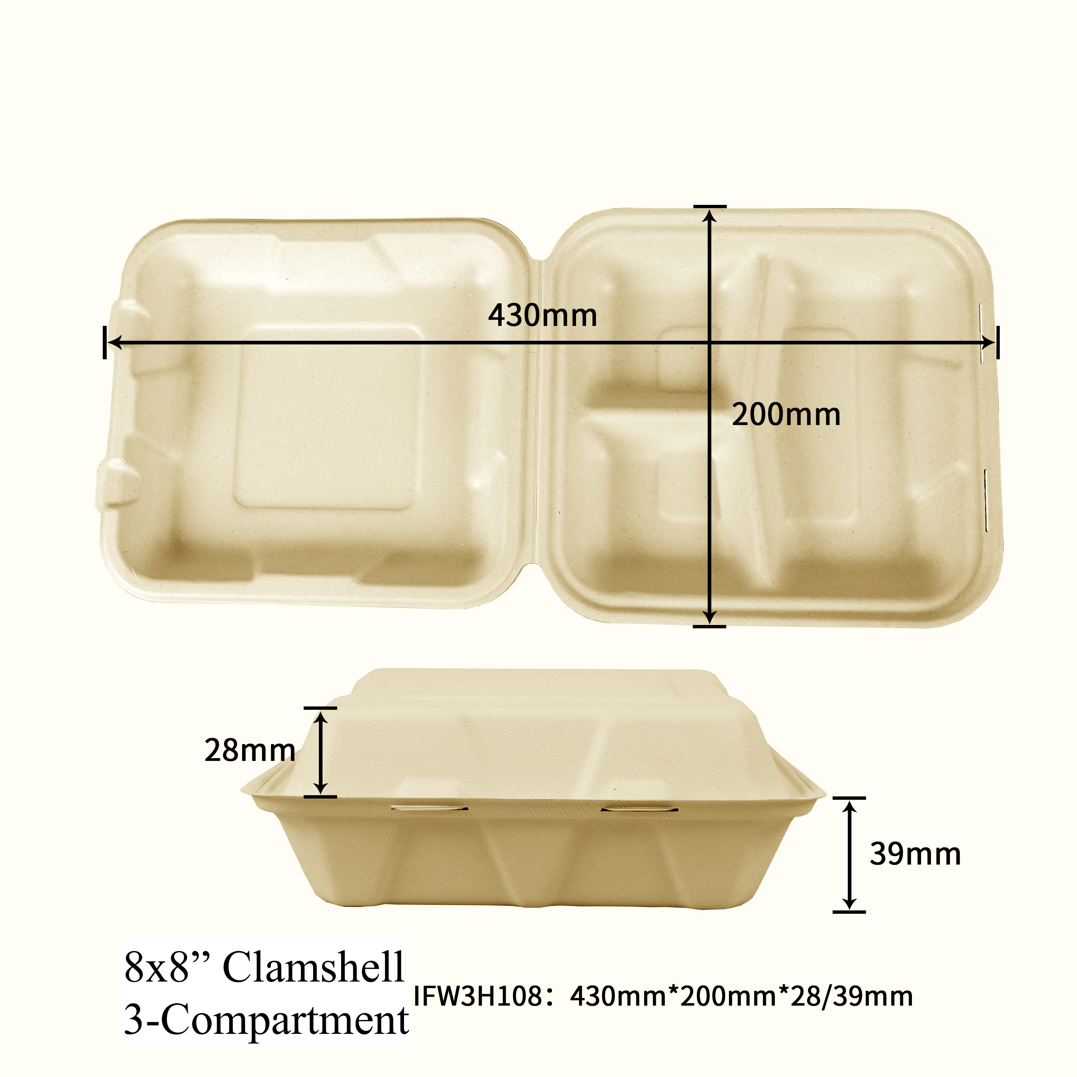 Paper Clamshell Sample, 15 Units Per Model (7 Size Total), Container Microwave-safe Compostable Biodegradable, Lunch Box, To Go