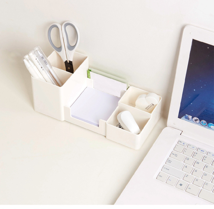 White Desk Office Organizer with Pencil Holders, Sticky Note Tray, Paperclip Storage and Office Accessories Caddy