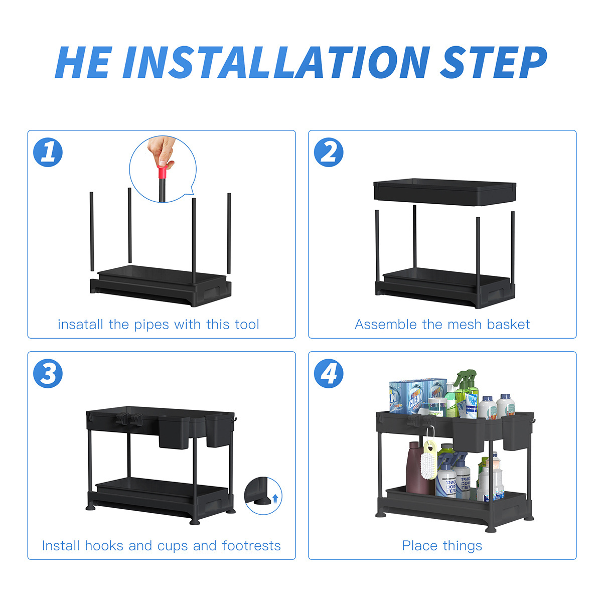 Under Sink Organizer With Hooks Hanging Cup Multi-Purpose Storage Shelf for Kitchen Bathroom Cabinet Organizer