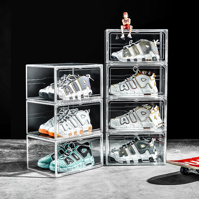 Fashion Plastic Magnetic Side Open Stackable Shoe Box Folding Clear Display Shoe Storage Box For Organize Basketball Sports Shoe