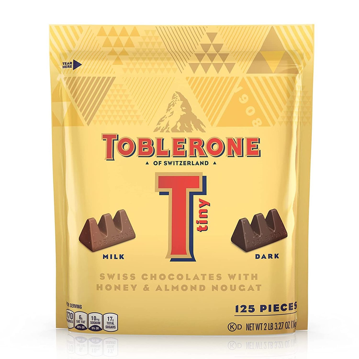 Toblerone Tiny Swiss Chocolate Candy Bars with Honey & Almond Nougat, Dark Chocolate, Milk Chocolate, 125 Ct