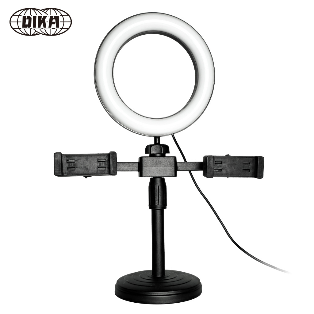 DIKA 6 inch Mini Ring Light with Clip Clamp Mount Dual Mobile Phone Live Broadcast Stand Desktop Phone Holder