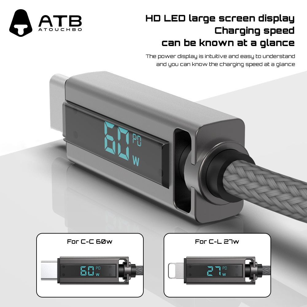 ATB LED Digital display usb c phone data sync cable PD LED light fast charging Android charger cable for mobiles