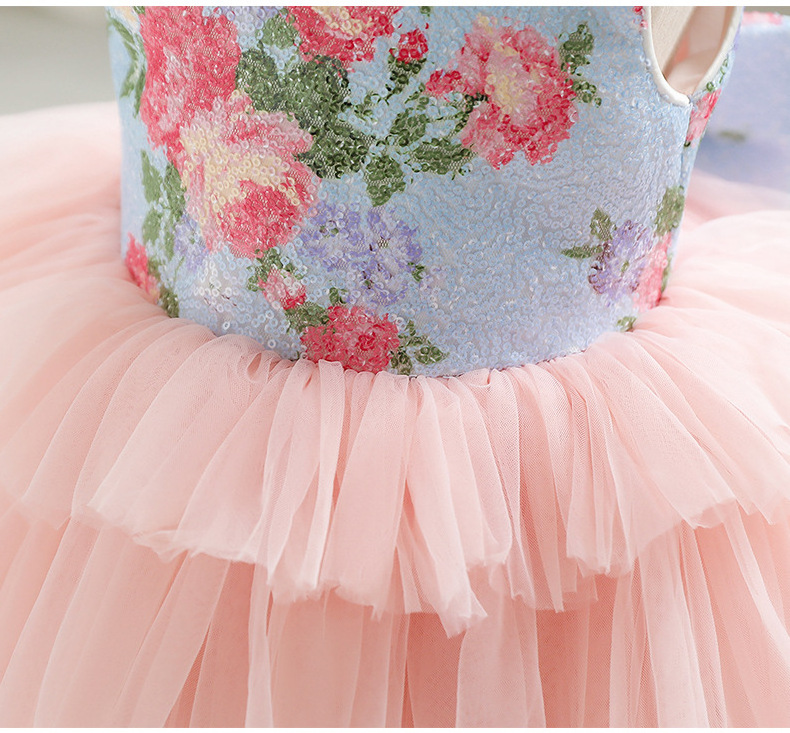 New Fluffy Mesh Flower Pink Piano Performance Birthday Party Wedding Dresses For Girls Princess Dress For Girl Party