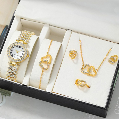 Wholesale 5pcs /Set Female Watch Set 3 Color Full Zircon Necklace Earring Bracelet Set Watch Women Gift