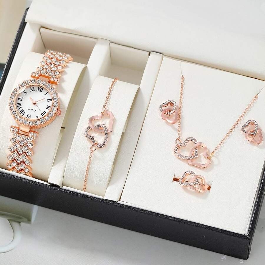 Wholesale 5pcs /Set Female Watch Set 3 Color Full Zircon Necklace Earring Bracelet Set Watch Women Gift