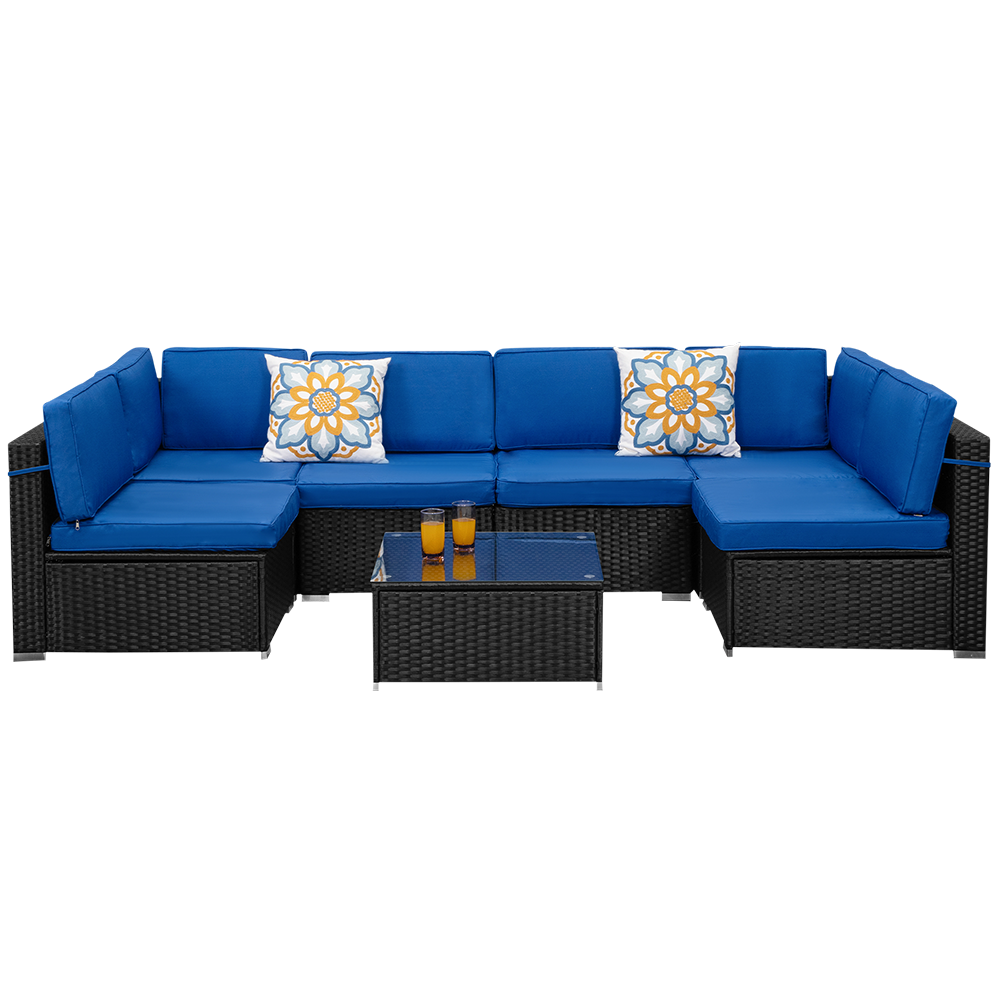 Big Comfy Couch Navy Blue Black Rattan Wicker U Shaped Sectional Sofa Couch Set Of 7 Pieces Patio Furniture