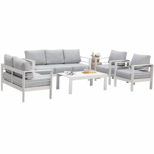 Patio Outdoor Cozy Couch Sofa Coffee Table Furniture Set Of 5 Pieces 7 Seater White Aluminum Sofa Couch